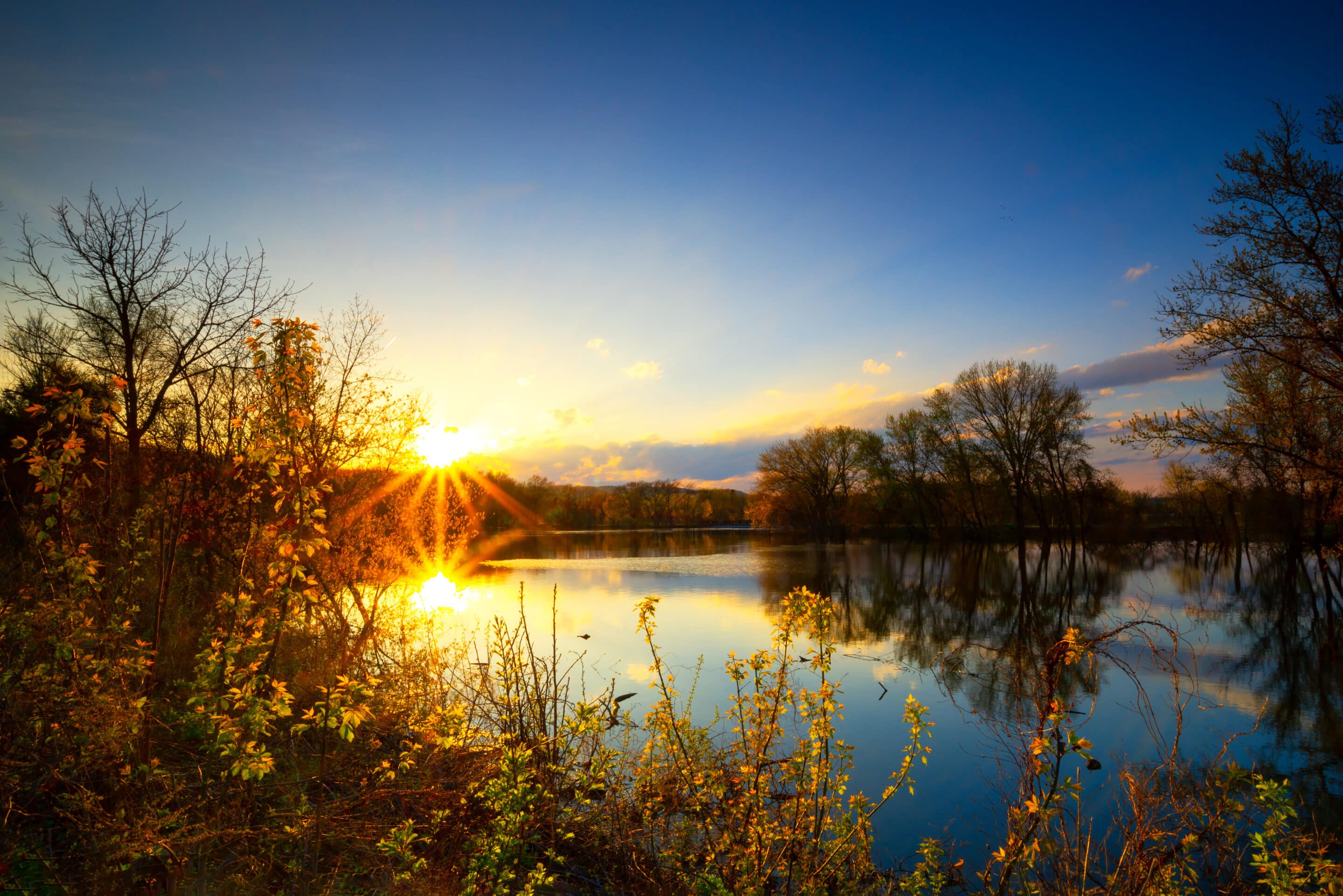 Long exposure sunset or sunrise over river side of Mississippi and the sun is reflex with water surface and distribution sun rays and small trees in foreground and clear blue sky