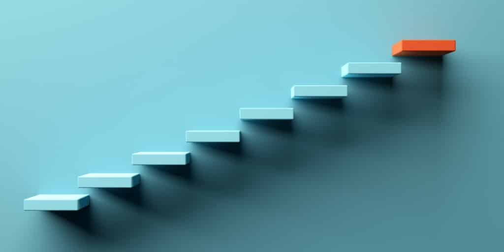Blue stairs leading to orange top step, success, top level or career minimal modern concept, 3D illustration