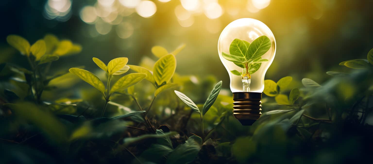 Hand holding light bulb against nature on green leaf with energy sources, Sustainable developmen and responsible environmental, Energy sources for renewable, Ecology concept.